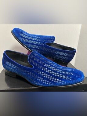After Midnight Royal Blue Velvet Rhinestone Loafers Men 12 Pinstripe Tuxedo Shoe